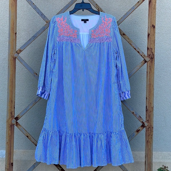 J. Crew Dresses & Skirts - J. Crew // Leda Embroidered Blue White Stripe
Popover Dress Medium